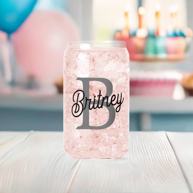 Vaso Con Forma De Lata Moderno y elegante nombre de monograma guión gris  (Insitu (Baby Shower))