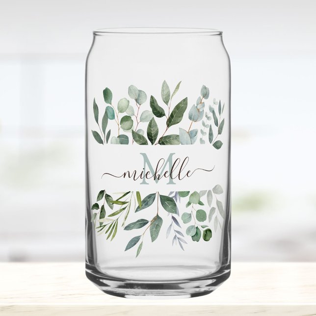 Vaso Con Forma De Lata Monogram Sage Green Eucalyptus Greenery Leaves   (In situ)