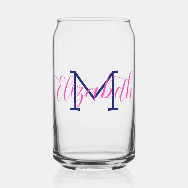 Vaso Con Forma De Lata Monograma azul preppy rosa y naval (Anverso)