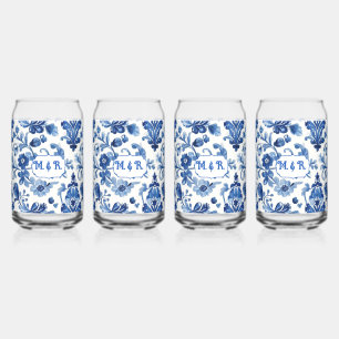 Vaso Con Forma De Lata Monograma de Baldosa Floral Azul Mediterráneo