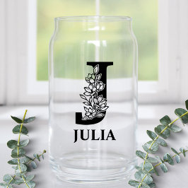 Vaso Con Forma De Lata Monograma de letra J floral y nombre personalizado
