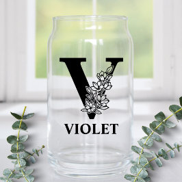 Vaso Con Forma De Lata Monograma de letra V floral y nombre personalizado