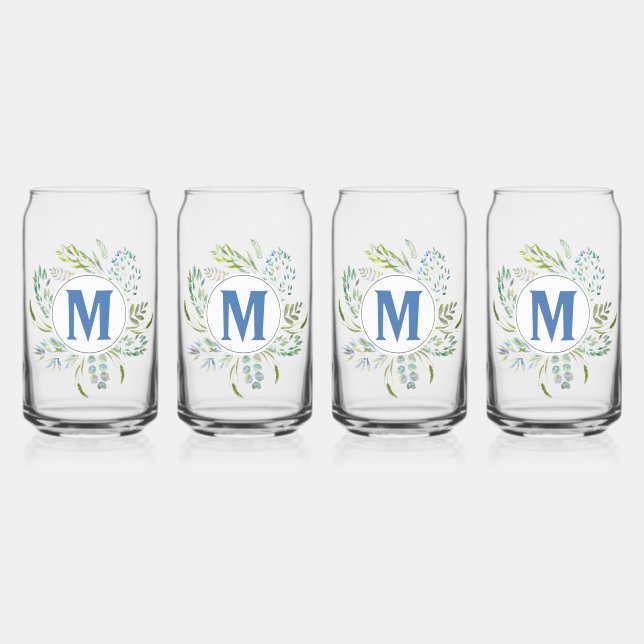 Vaso Con Forma De Lata Monograma de vegetación botánica azul lindo (Anverso)