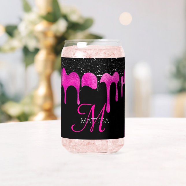 Vaso Con Forma De Lata Monograma del nombre del Purpurina de goteo rosado (Insitu (Boda))