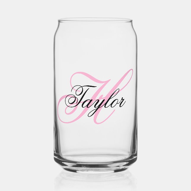 Vaso Con Forma De Lata Monograma Elegante Negro y Rosa (Anverso)