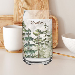 Vaso Con Forma De Lata Monogramo acuarela Verde Pine Forest Mountain