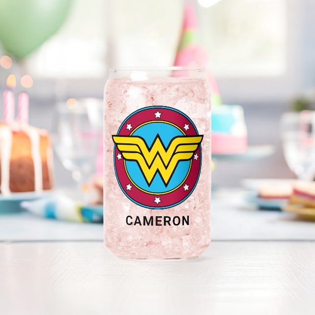 Vaso Con Forma De Lata Mujer maravilla personalizada | Logo Círculo y Est (Insitu (Cumpleaños))