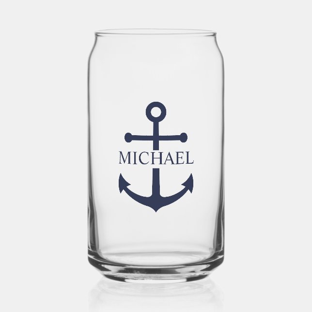 Vaso Con Forma De Lata Nautical Navy Blue Anchor Nombre Personalizado (Anverso)