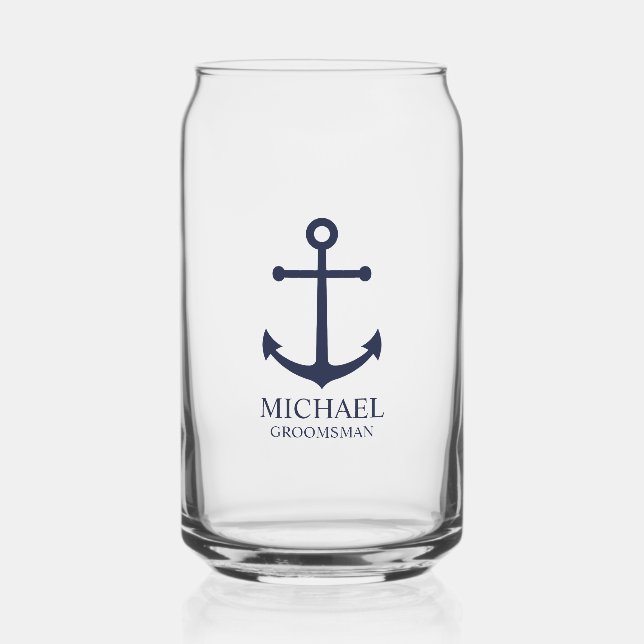 Vaso Con Forma De Lata Nautical Navy Blue Anchor Personalizado Groomsmen (Anverso)