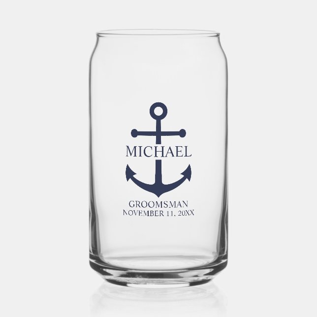 Vaso Con Forma De Lata Nautical Navy Blue Anchor Personalizado Groomsmen (Anverso)