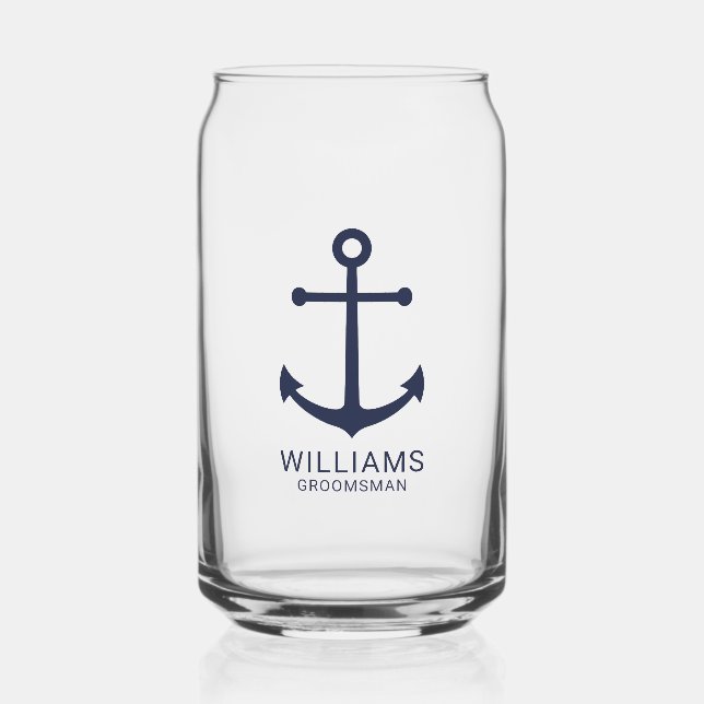 Vaso Con Forma De Lata Nautical Navy Blue Anchor Personalizado Groomsmen (Anverso)