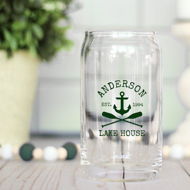 Vaso Con Forma De Lata Nautico Anchor Oars Green Family Lake House (Customize to change text color.)
