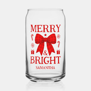 Vaso Con Forma De Lata Navidad Alegre y Brillante con Lazo de Gingham Roj