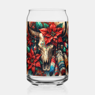 Vaso Con Forma De Lata Navidades Cow Bull Skull Poinsettias Feathers