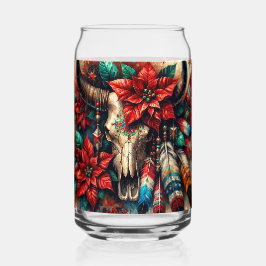 Vaso Con Forma De Lata Navidades Cow Bull Skull Poinsettias Feathers