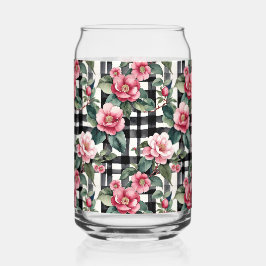 Vaso Con Forma De Lata Negro y blanco con camellias de color rosa liso