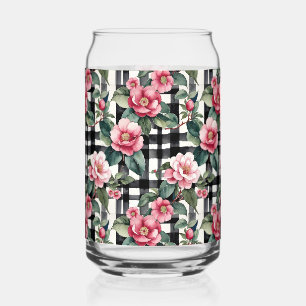 Vaso Con Forma De Lata Negro y blanco con camellias de color rosa liso
