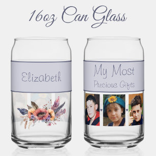 Vaso Con Forma De Lata Nombre personalizado 3 flores de foto morado