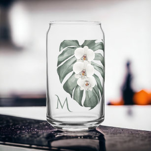 Vaso Con Forma De Lata Orquídeas blancas tropicales con monograma inicial