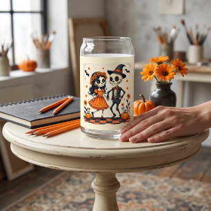 Vaso Con Forma De Lata Pareja de esqueletos de Halloween lindos en naranj