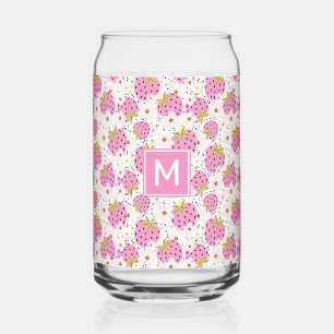 Vaso Con Forma De Lata Patrón de fresas rosadas monograma personalizado
