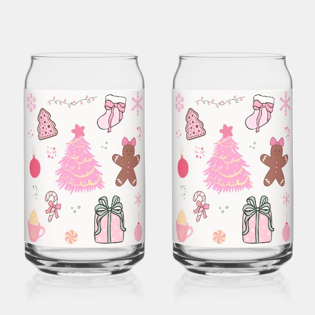 Vaso Con Forma De Lata Patrón de Navidad Rosa (Anverso)