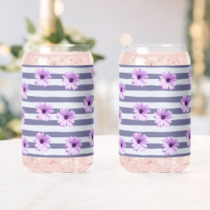 Vaso Con Forma De Lata patrón de rayas con margaritas moradas
