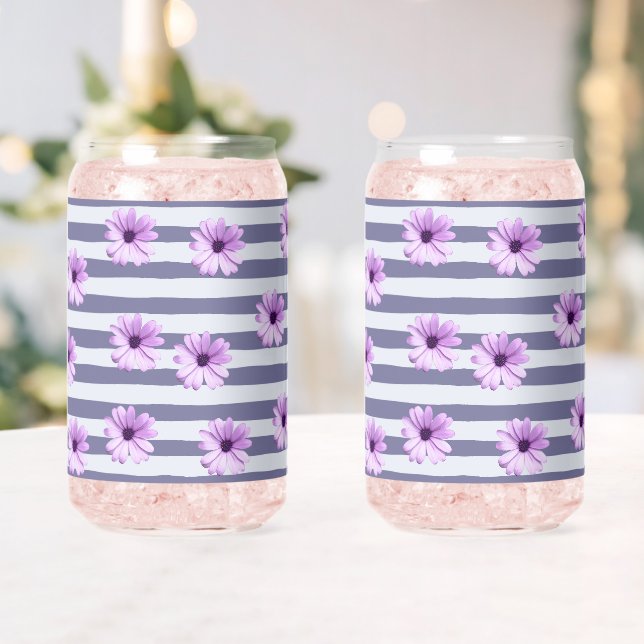Vaso Con Forma De Lata patrón de rayas con margaritas moradas (Insitu (Boda))