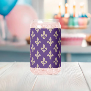 Vaso Con Forma De Lata Patrón Flor de Lis, Crema Real Francesa sobre Púrp