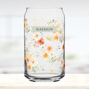Vaso Con Forma De Lata Patrón Floral Soleado Acuarela con Nombre Personal