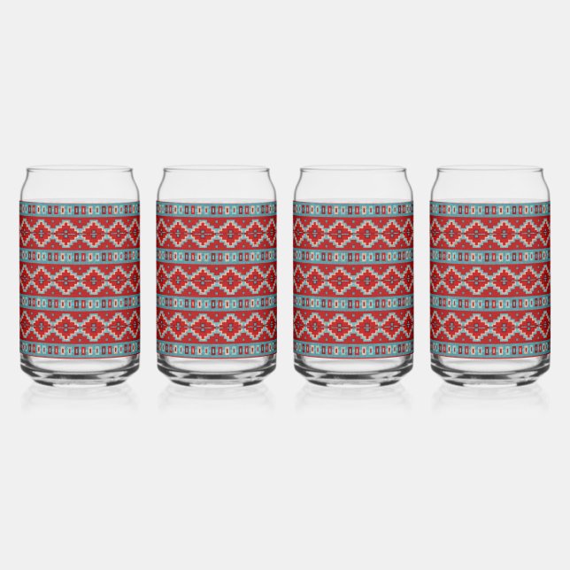 Vaso Con Forma De Lata Patrón Geométrico Turquesa y Rojo del Suroeste de  (Izquierda)