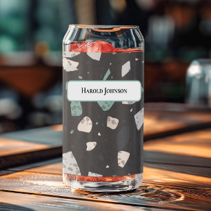 Vaso Con Forma De Lata Patrón Retro Terrazzo de Chips Verde Mar y Gris