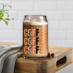 Vaso Con Forma De Lata Pero Primero Café Estampado de Leopardo Rosa