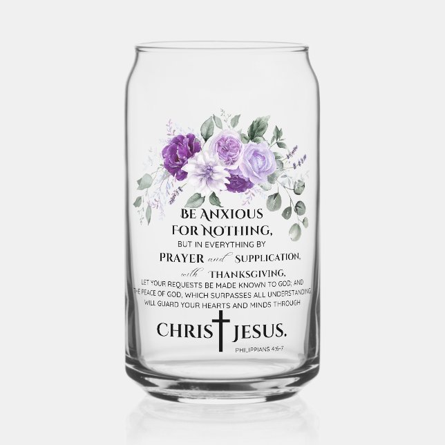 Vaso Con Forma De Lata Philippians 4:6-7 Scripture Purple Flowers (Anverso)