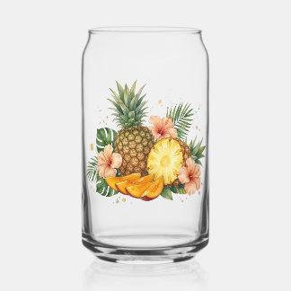 Vaso Con Forma De Lata Piña Tropical en Acuarela y Floral de Hibisco 