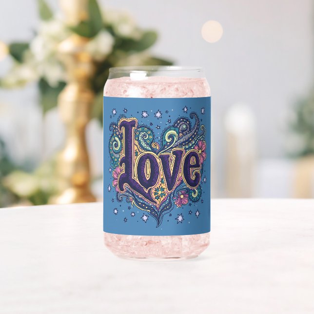 Vaso Con Forma De Lata Psicodélico Boho Love Letters con acento floral (Insitu (Boda))