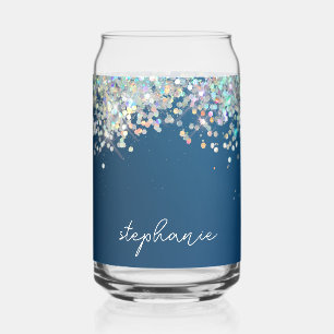 Vaso Con Forma De Lata Purpurina azul Monograma Holográfico Personalizado