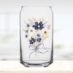 Vaso Con Forma De Lata Ramo de flores azul marino acuarela personalizado
