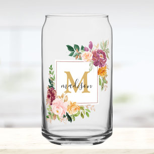 Vaso Con Forma De Lata Rosas Florales Flores Acuarela Coloridas Monograma