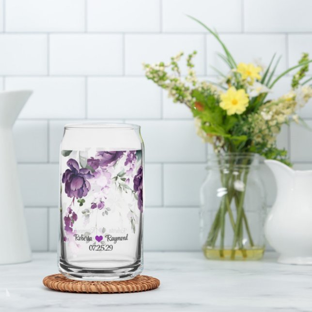 Vaso Con Forma De Lata Rustic Elegant Dark Purple Peonies (Elegant & Rustic Purple Peonies Monogram Wedding or Anniversary Glass)