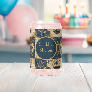 Vaso Con Forma De Lata Shabat Shalom, Beige Acuarela Azul Dorado, Rústico