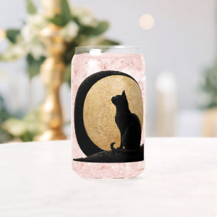 Vaso Con Forma De Lata Silhouette de gato negro contra una luna de oro