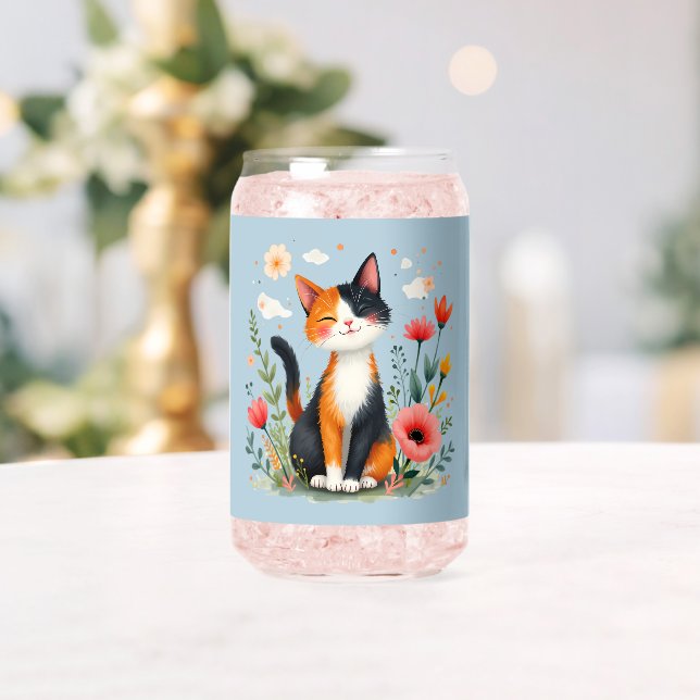 Vaso Con Forma De Lata Sonriendo gato calico en un jardín floreciente (Insitu (Boda))