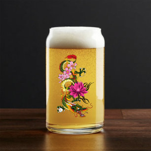 Vaso Con Forma De Lata Tatuaje de Dragón Chino Verde Esmeralda con Loto A