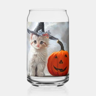Vaso Con Forma De Lata Vintage Halloween White Kitten y Jack-o'-lantern