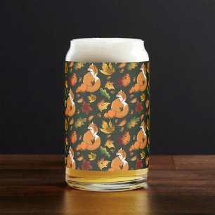 Vaso Con Forma De Lata Zorro Rojo Hojas de Otoño Bellotas Patrón Verde