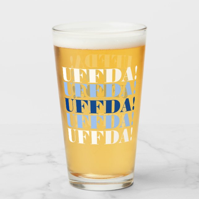 Vaso de cerveza Uffda azul y blanco (Anverso (lleno))