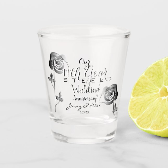Vaso De Chupito 11º Aniversario Boda con Rosas del Acero (Anverso)
