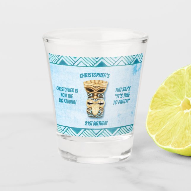 Vaso De Chupito 21° cumpleaños Tiki Gran Kahuna Hawaiano (Anverso)