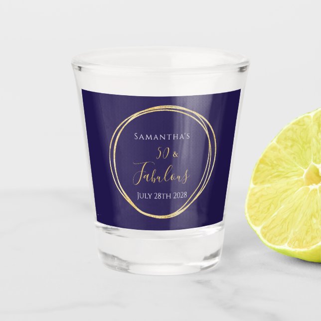 Vaso De Chupito 50.º cumpleaños morado y oro personalizado (Anverso)